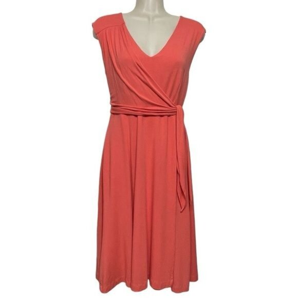 Ann Taylor Faux Wrap Surplice V Neck Midi Dress in Coral Size S - Picture 7 of 7